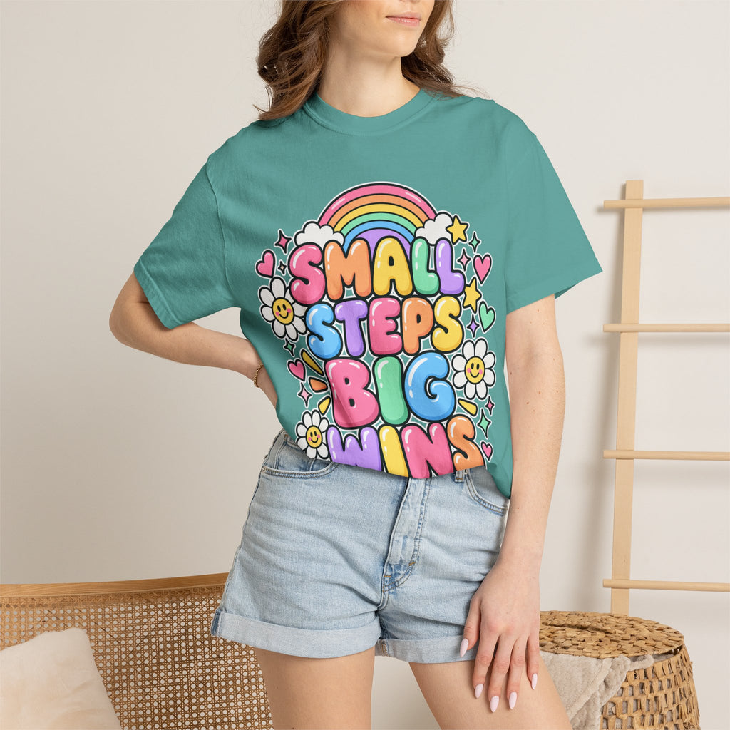 Small Steps Big Wins T-shirt | Retro Rainbow Positive Graphic