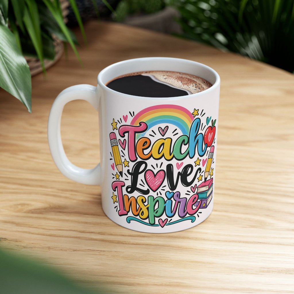 Teacher Love Inspire Mug | Cute Rainbow Pencil Apple Books Design