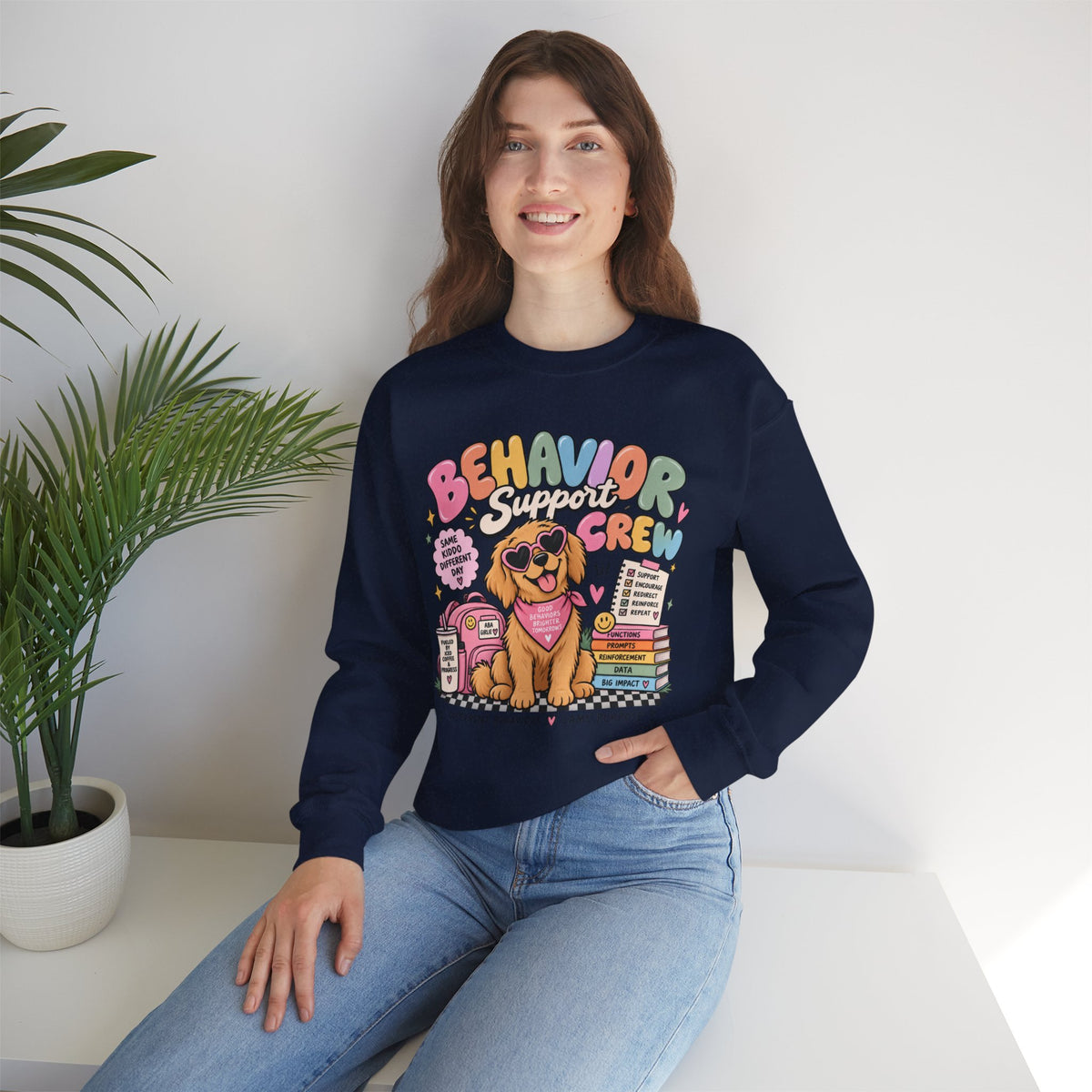 Behavior Support Crew sweatshirt | School Therapy Dog Design, Books & Classroom Icons