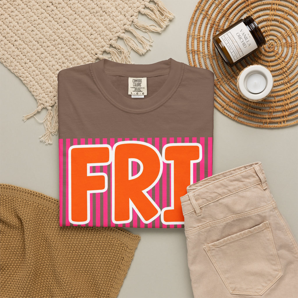 FRI yay T-shirt | Bright Retro Text, Pink Stripes