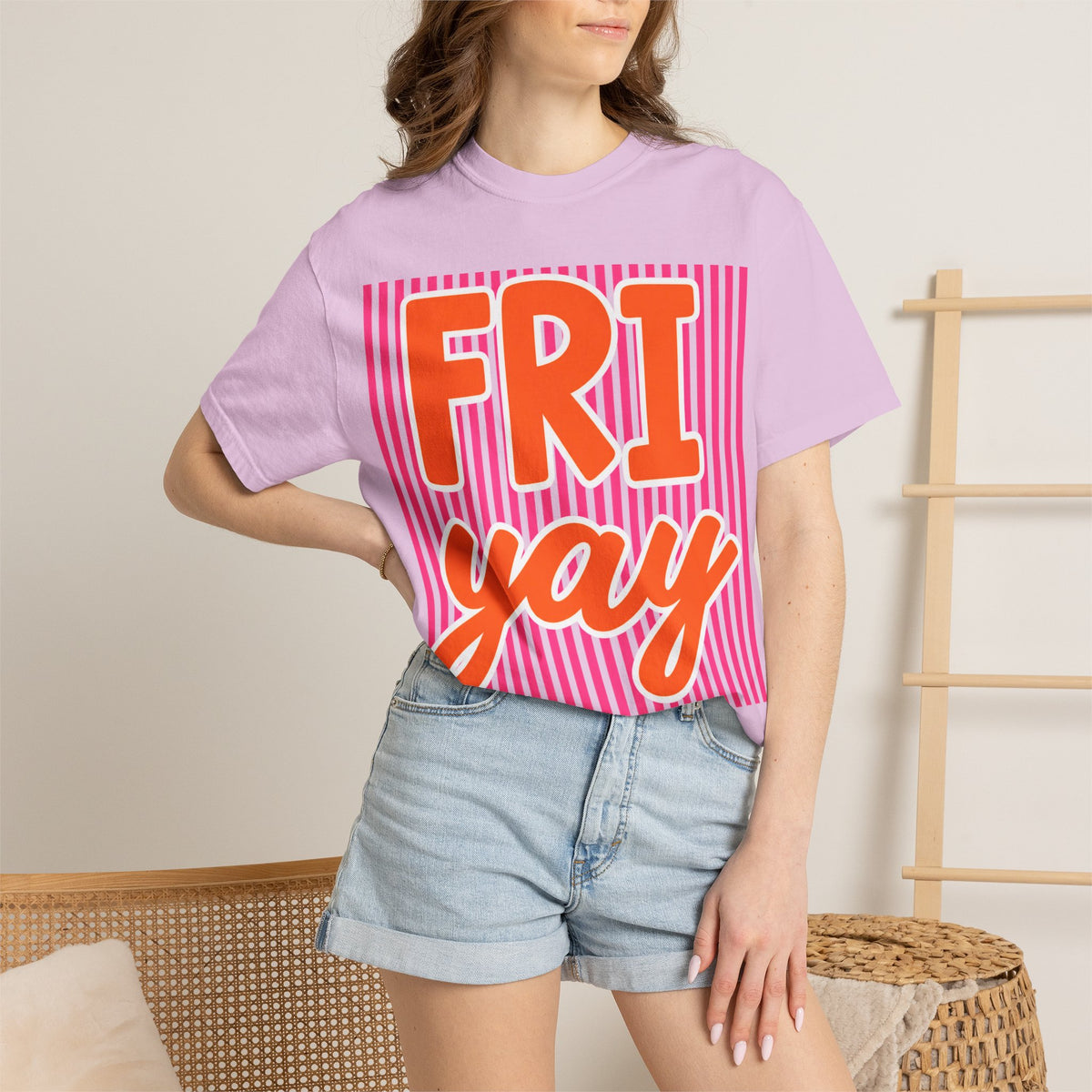 FRI yay T-shirt | Bright Retro Text, Pink Stripes