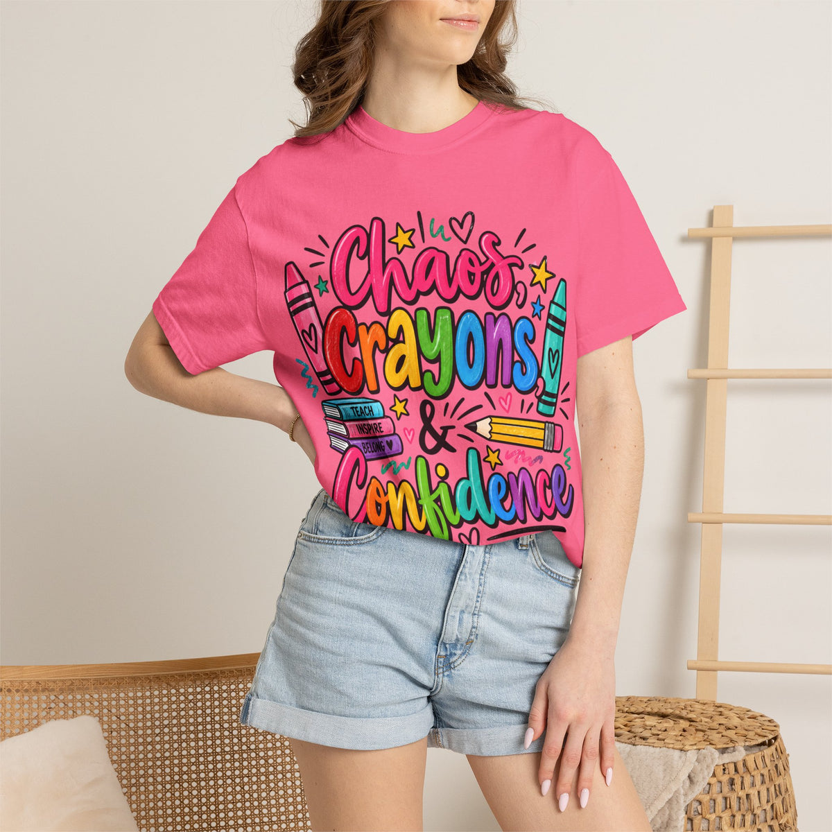 Chaos Crayons & Confidence T-shirt | Colorful Crayon School Art Tee