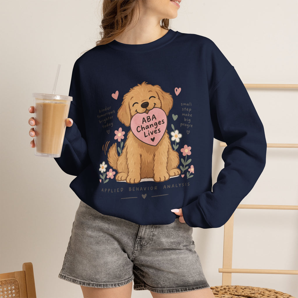 Cute Golden Retriever Holding Heart ABA Changes Lives sweatshirt | Applied Behavior Analysis dog design
