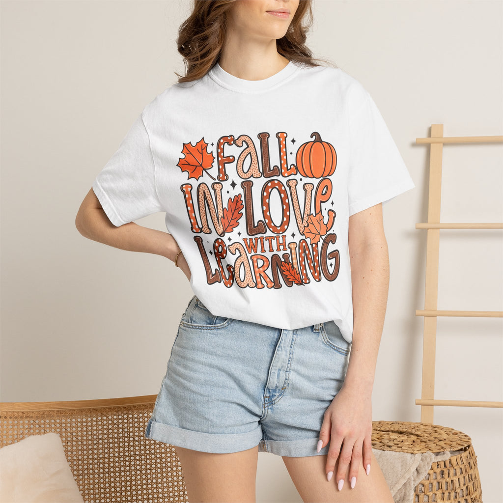 Fall in Love with Learning T-Shirt | Teacher Autumn Pumpkin Leaves