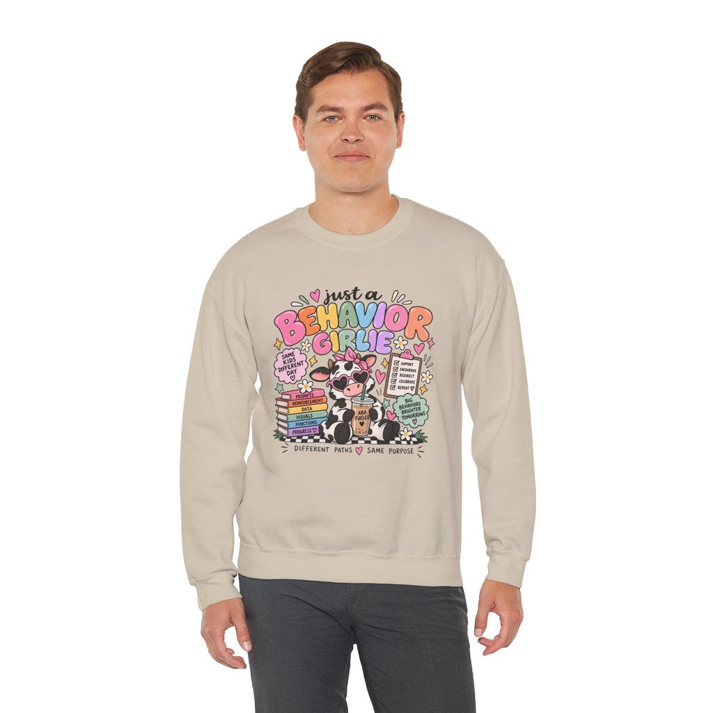 Just a Behavior Girl Crewneck Sweatshirt | Cute Cow Character, Books & Therapy Icons