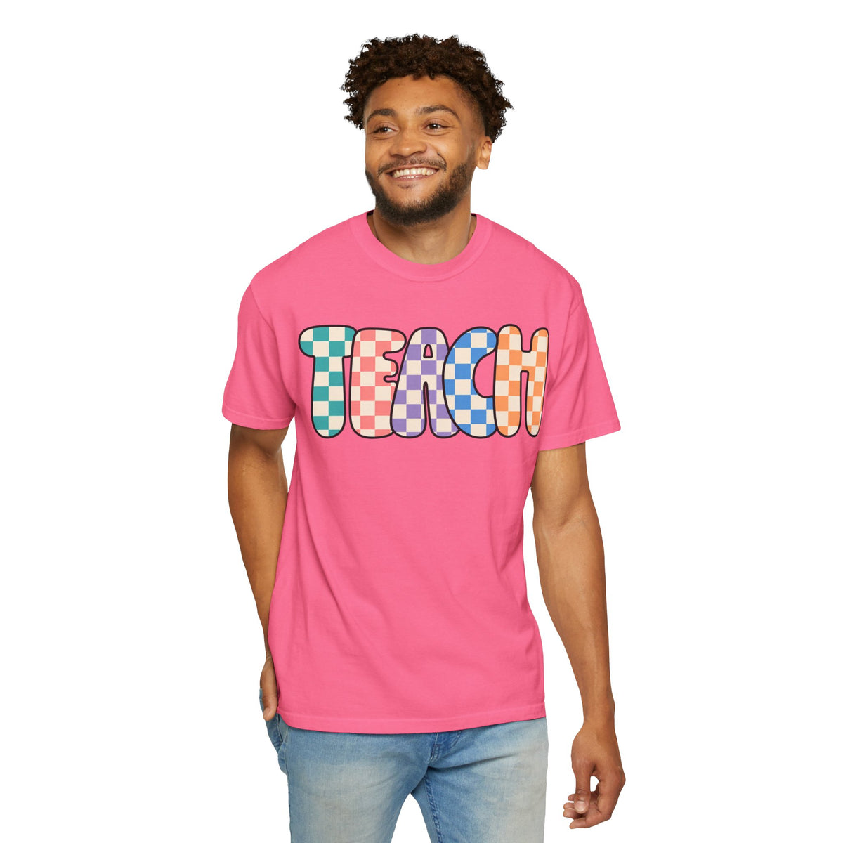 Teach Bubble Letters Checkerboard T-Shirt | Colorful Retro School Tee