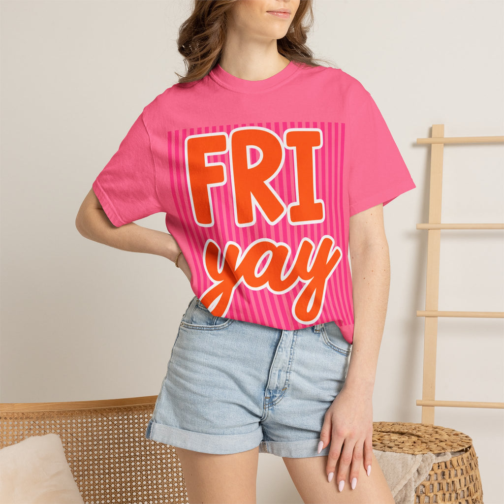 FRI yay T-shirt | Bright Retro Text, Pink Stripes