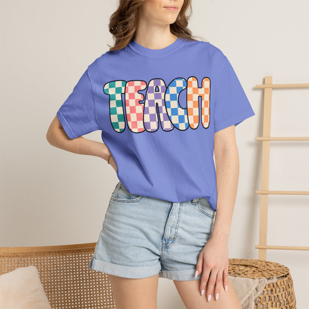 Teach Bubble Letters Checkerboard T-Shirt | Colorful Retro School Tee