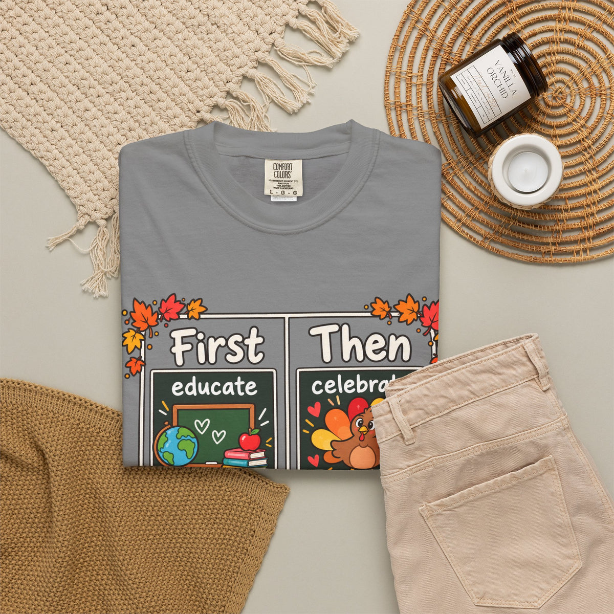 First Educate Then Celebrate fall break T-shirt | Teacher Autumn Design