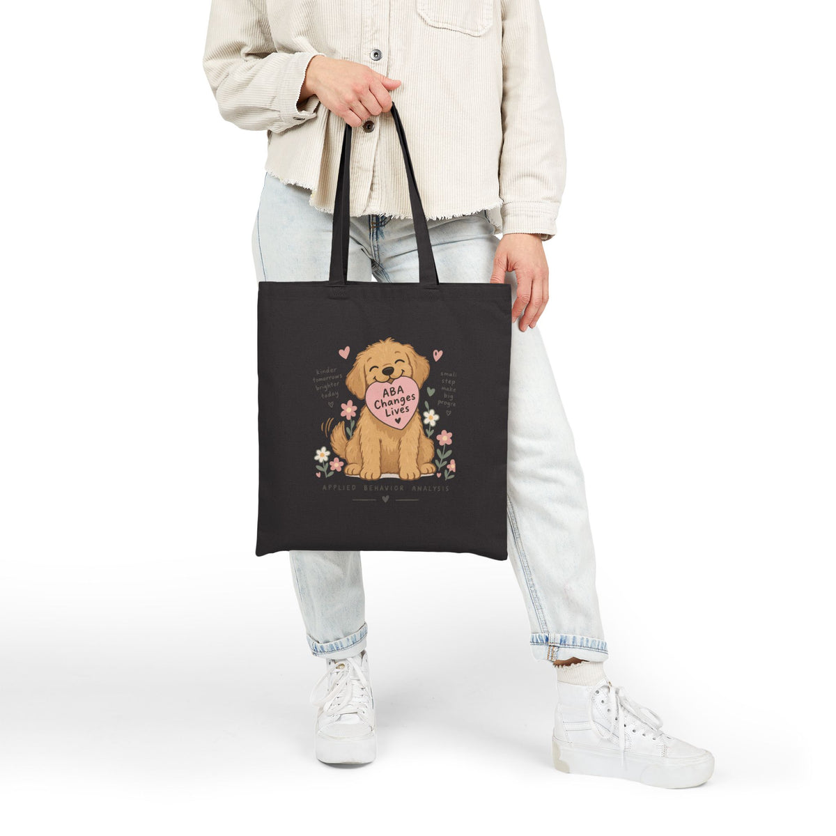 Golden Retriever Puppy Holding Heart tote bag | Cute Dog Illustration, Floral Accents