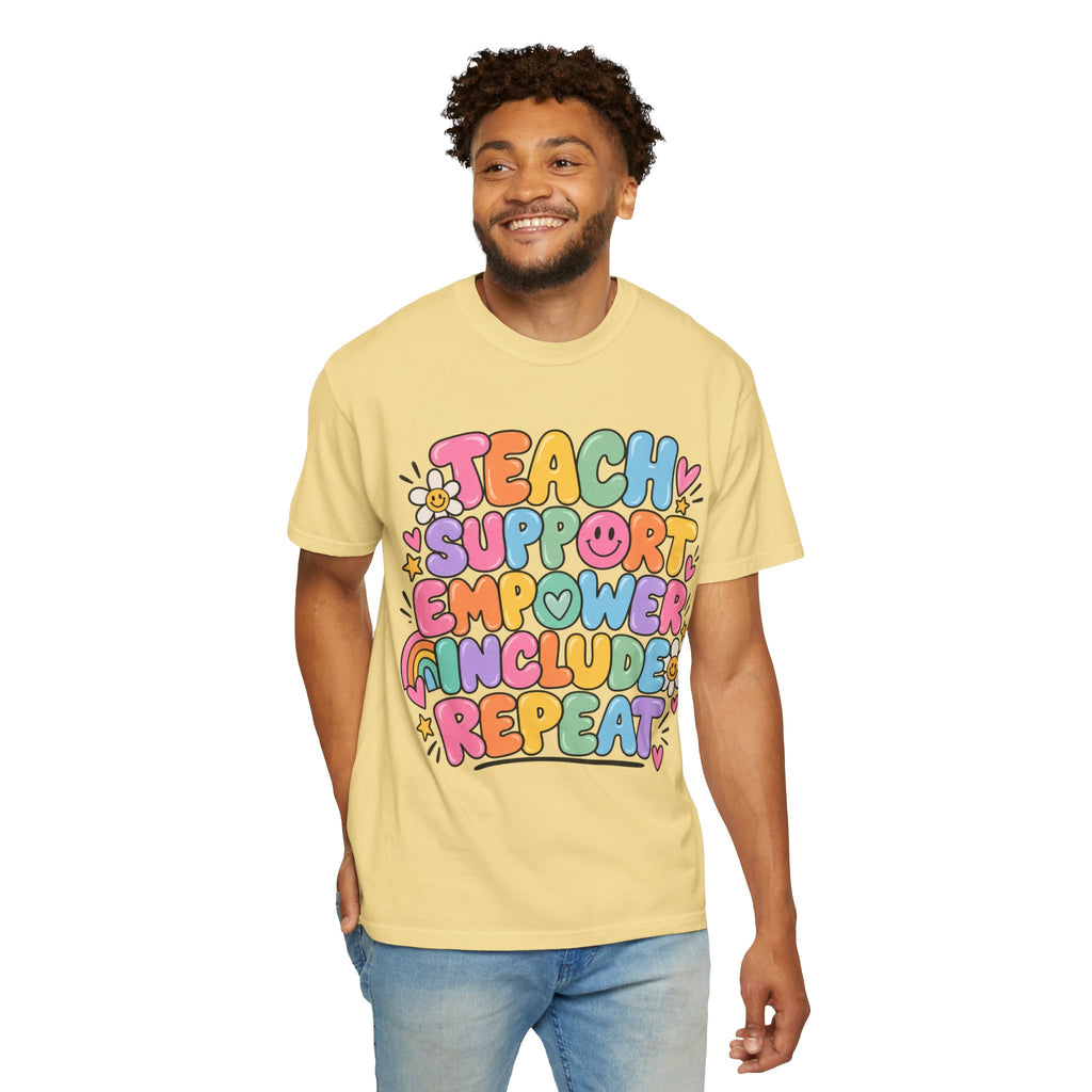 Teach Support Empower Include Repeat T-shirt | Rainbow Positivity Tee