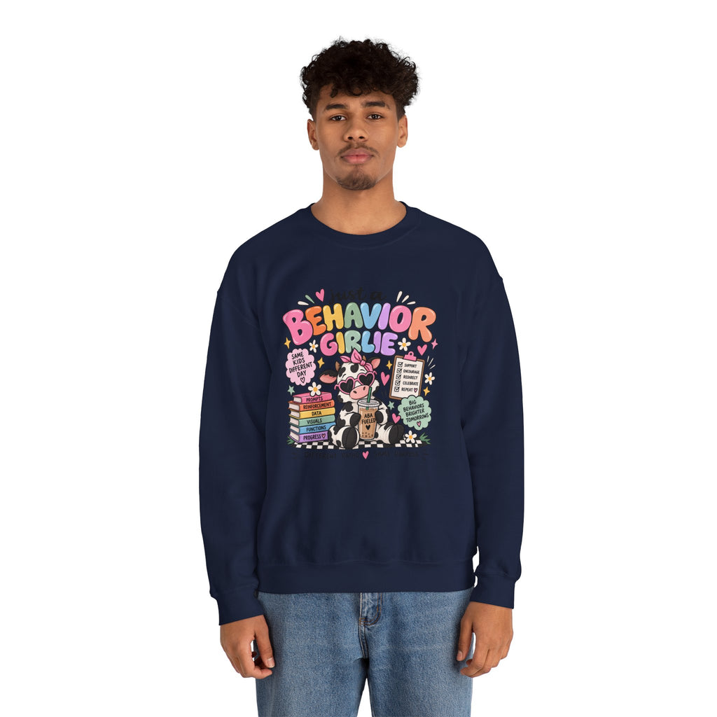 Just a Behavior Girl Crewneck Sweatshirt | Cute Cow Character, Books & Therapy Icons
